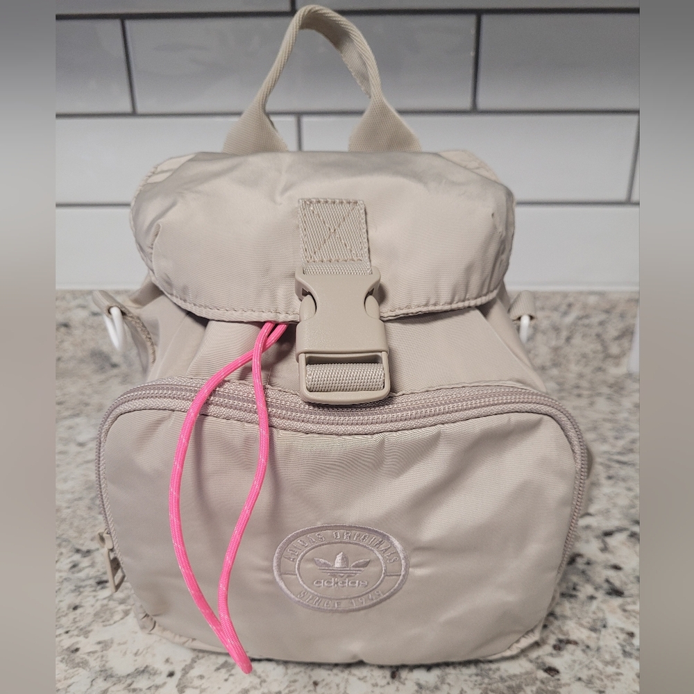 Adidas Originals Trefoil Mini Backpack Beige Neutral Streetwear Bag, Pink Accent
